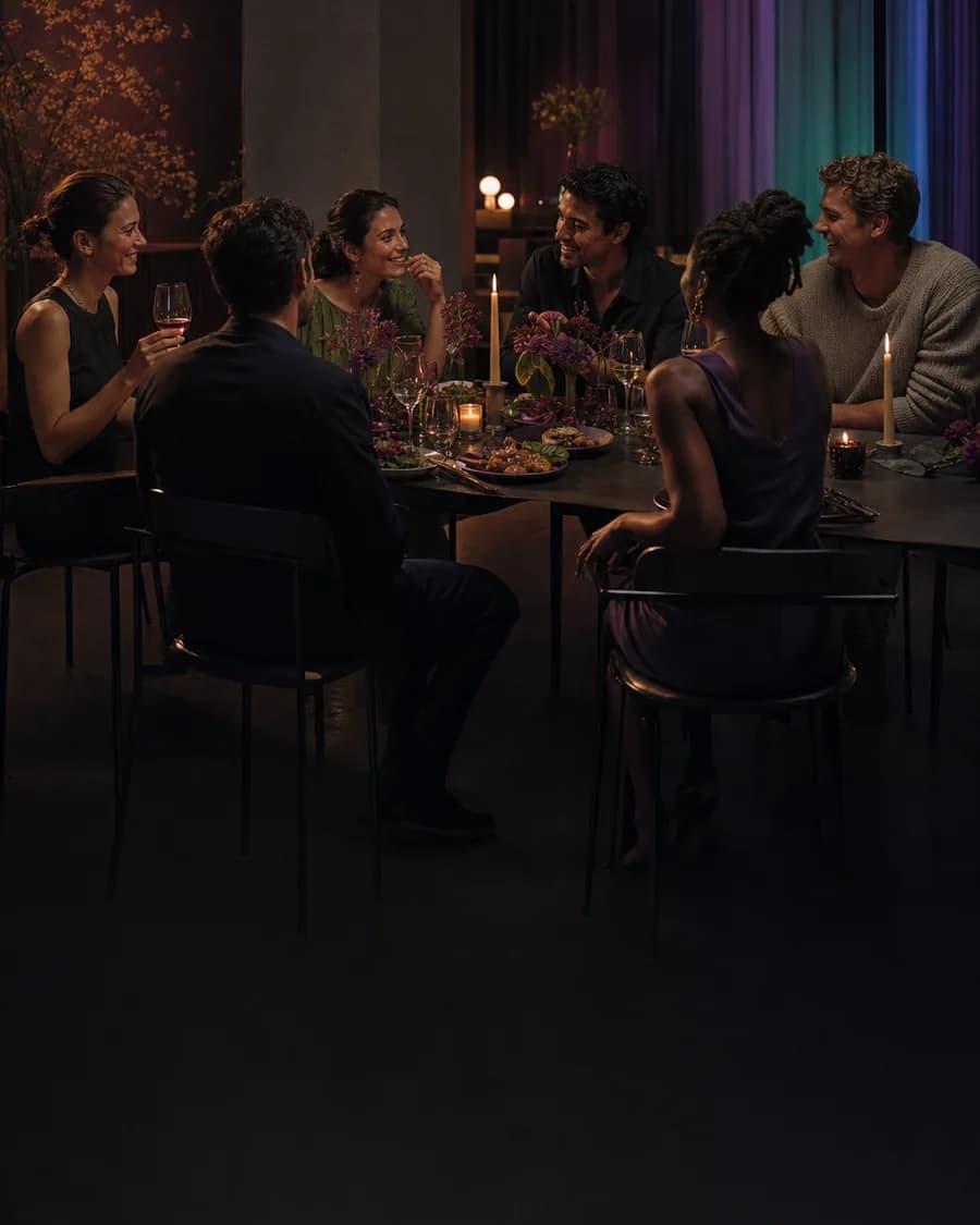 Freundeskreis bei einer modernen Dinnerparty im Kerzenlicht