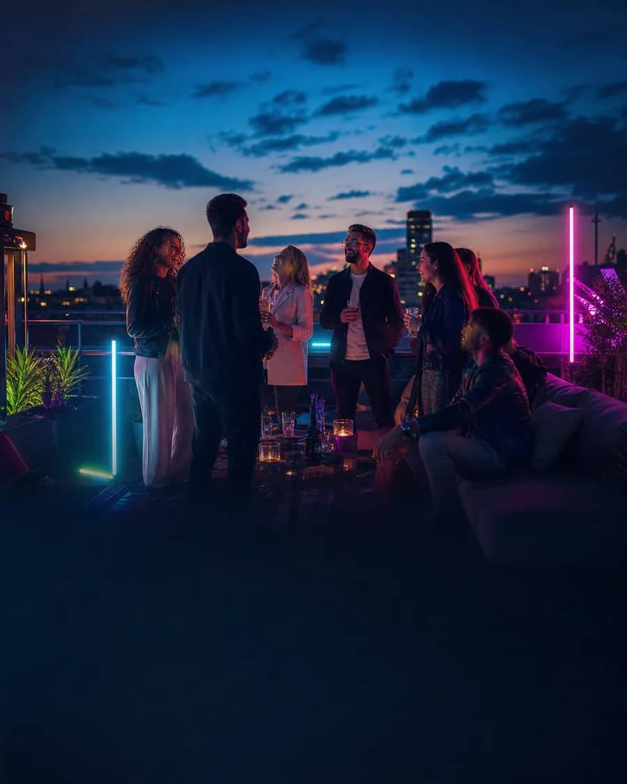 Freundeskreis bei einem gemeinsamen JGA auf einer Dachterrasse